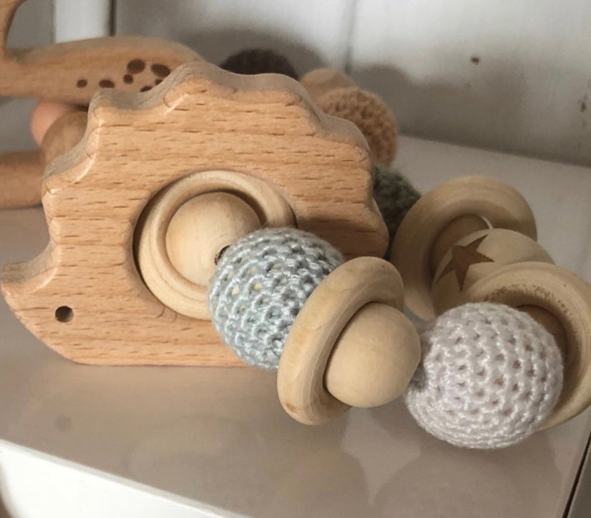 Hedgehog Wooden Baby Teether and Rattle w/wood & crocheted beads