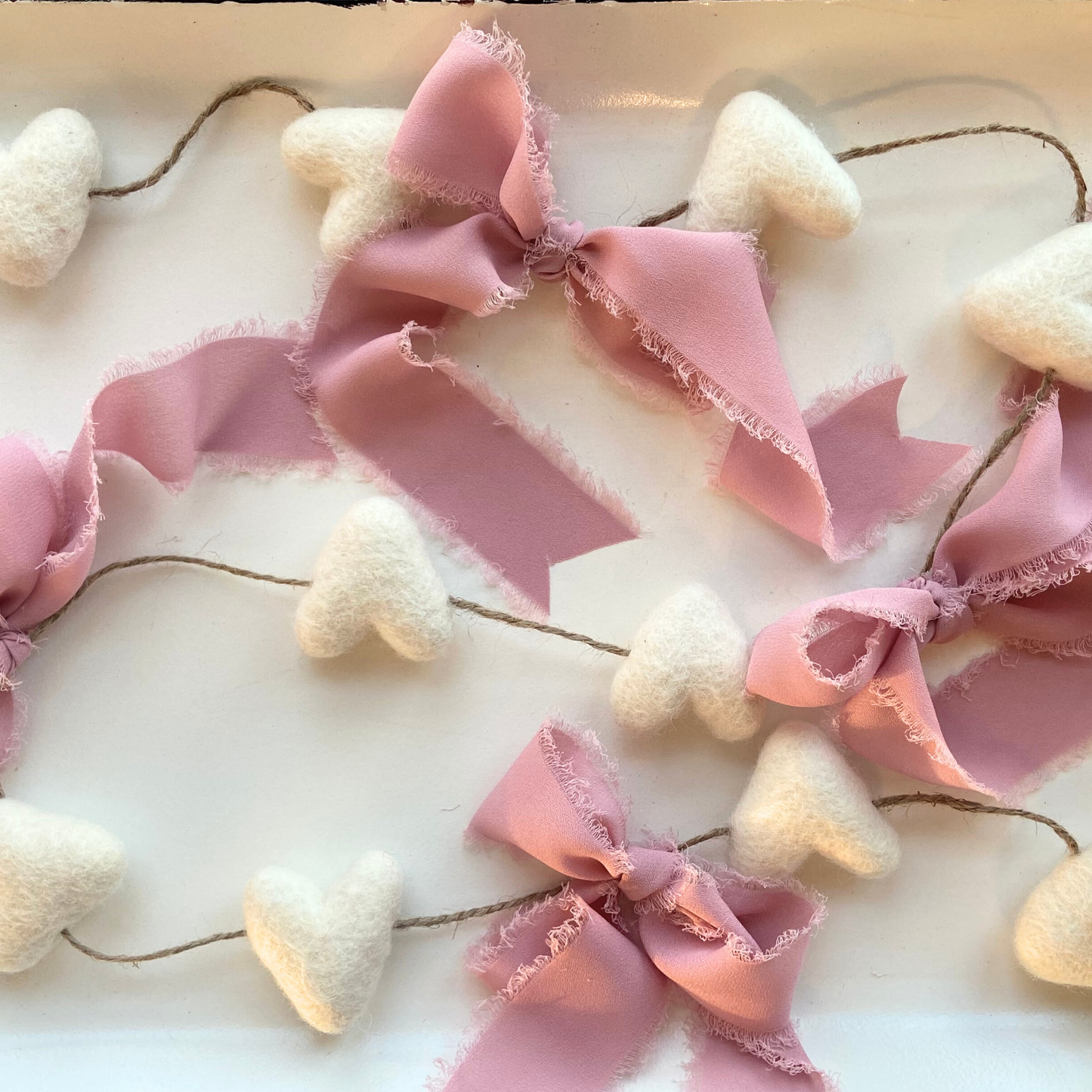 White Felt Heart Garland and Pink Frayed Sheer Bows-4ft