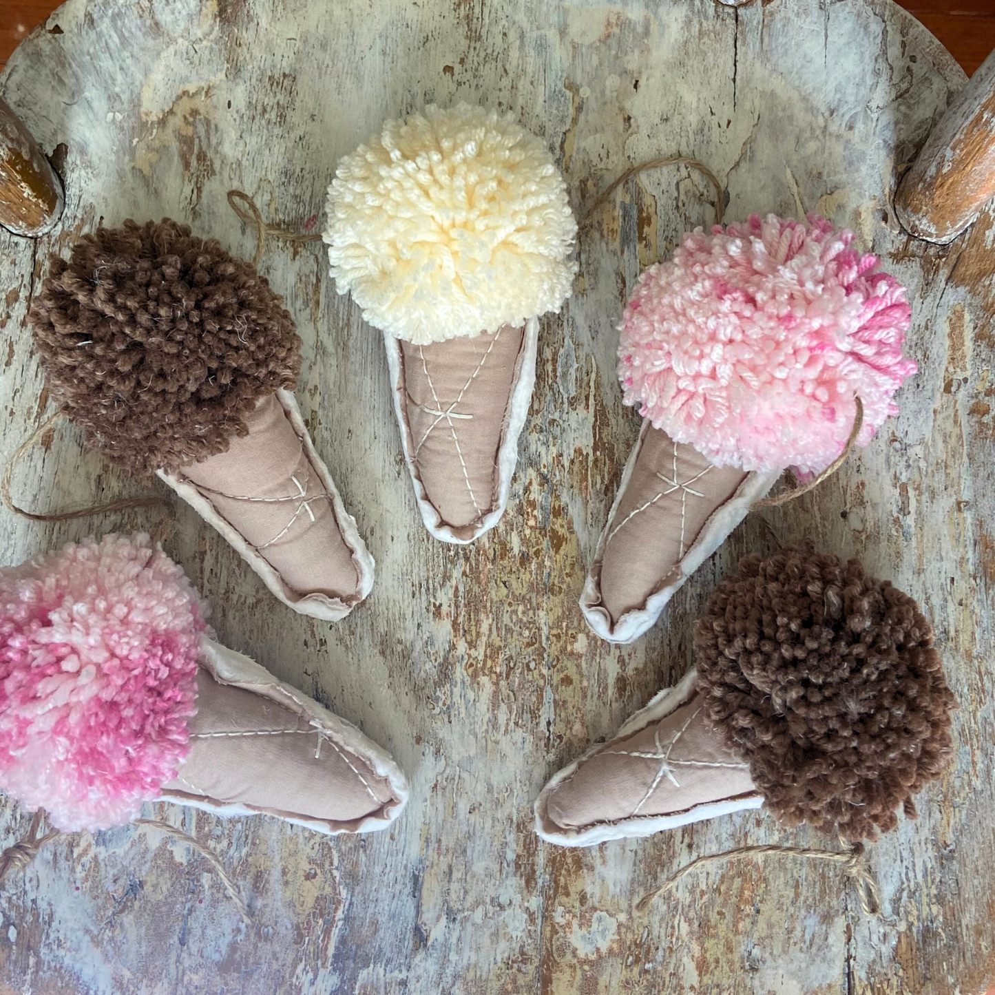 Quilted Ice Cream Cones & Pom Pom Scoops Garland-strawberry, chocolate, vanilla