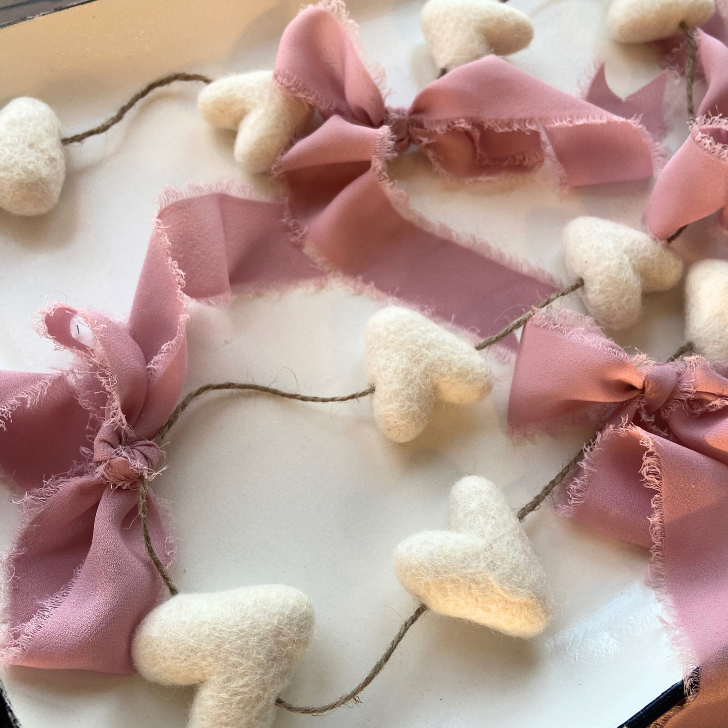 White Felt Heart Garland and Pink Frayed Sheer Bows-4ft