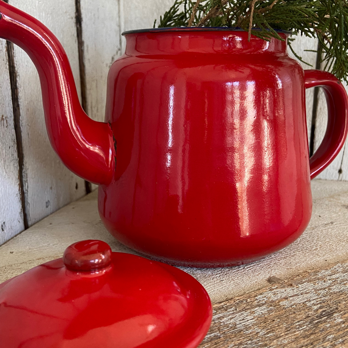 Vintage Red Metal Tea Pot w/Lid