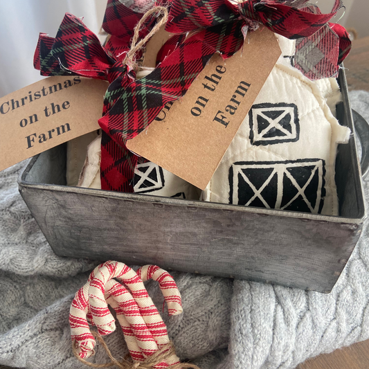 “Christmas on the Farm” Set of 2 Quilted Ornaments-Farmhouse & Barn