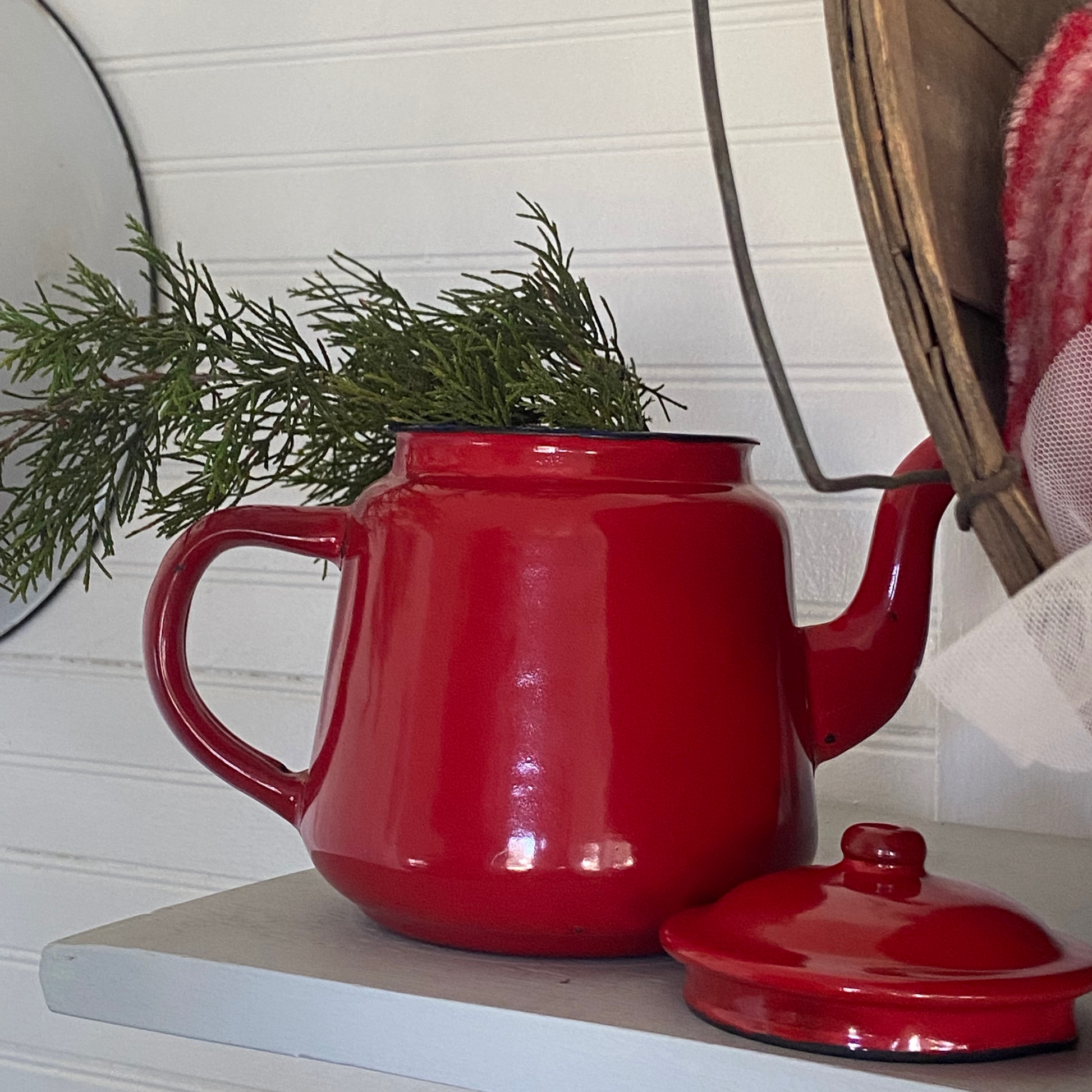 Vintage Kitchen Enamel Tea Pot Large Enamelled Kettle With Lid