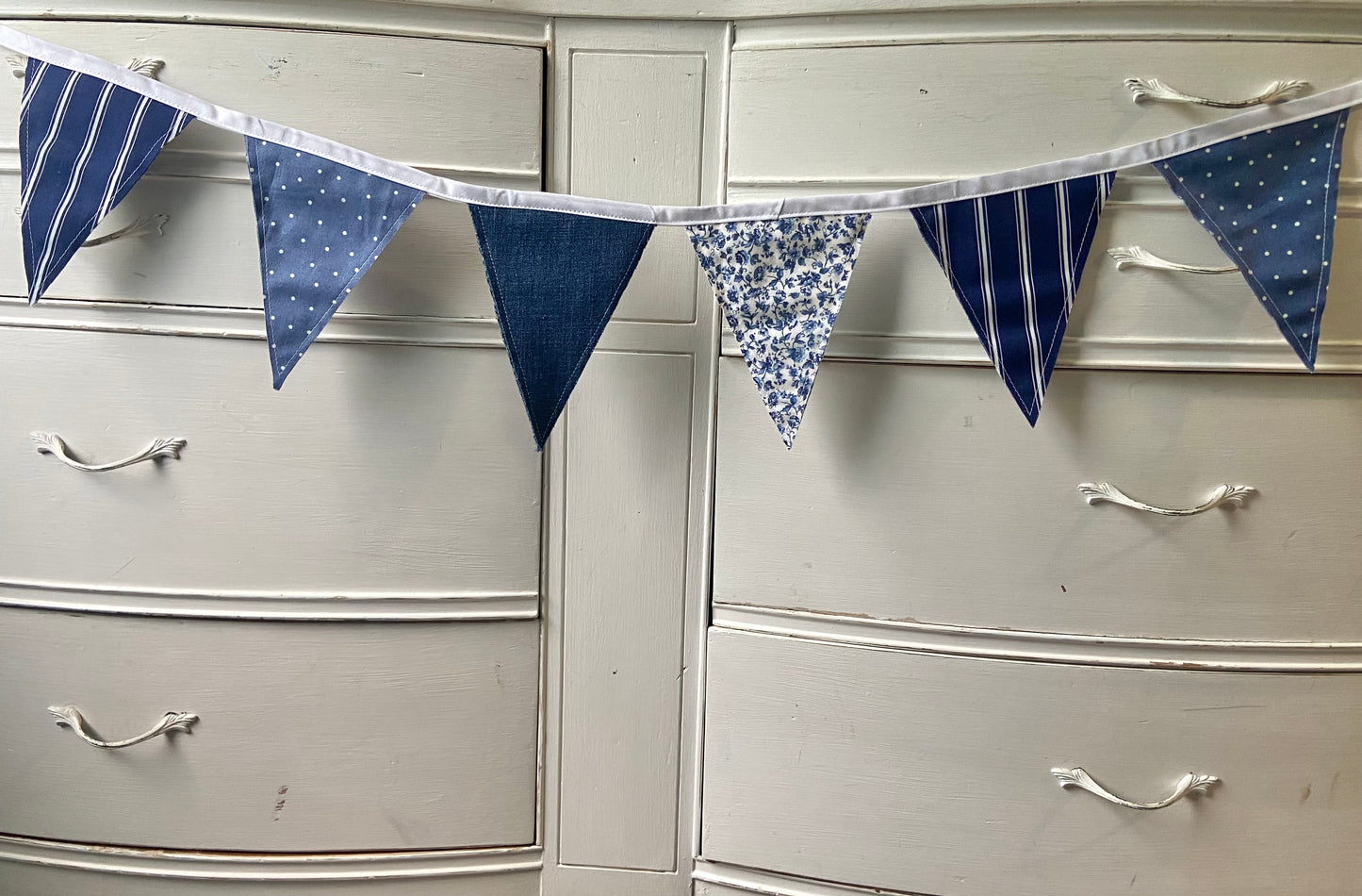 Blue and White Summer Cottage Fabric Pennant Banner