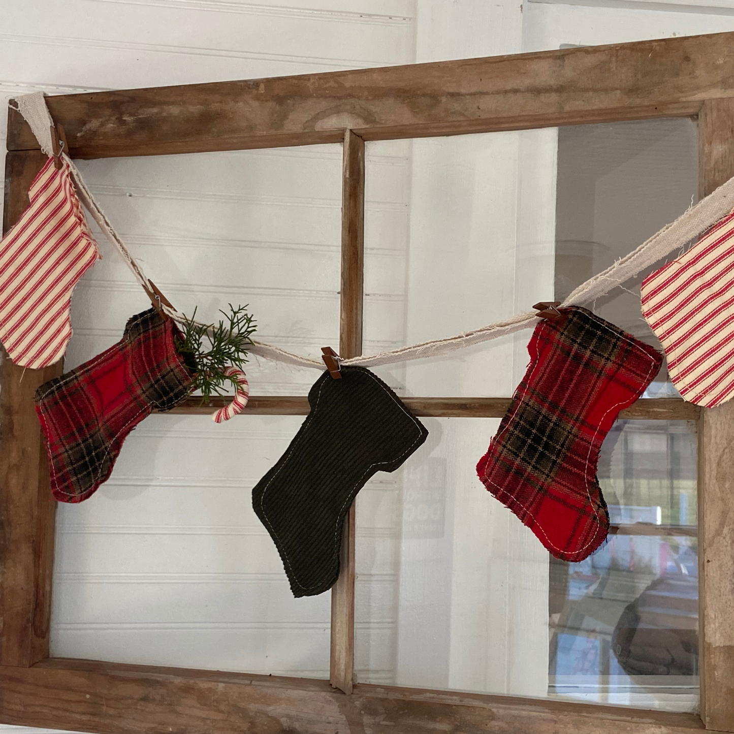 Mini Stocking Christmas Garland w/Vintage Fabric & Pins