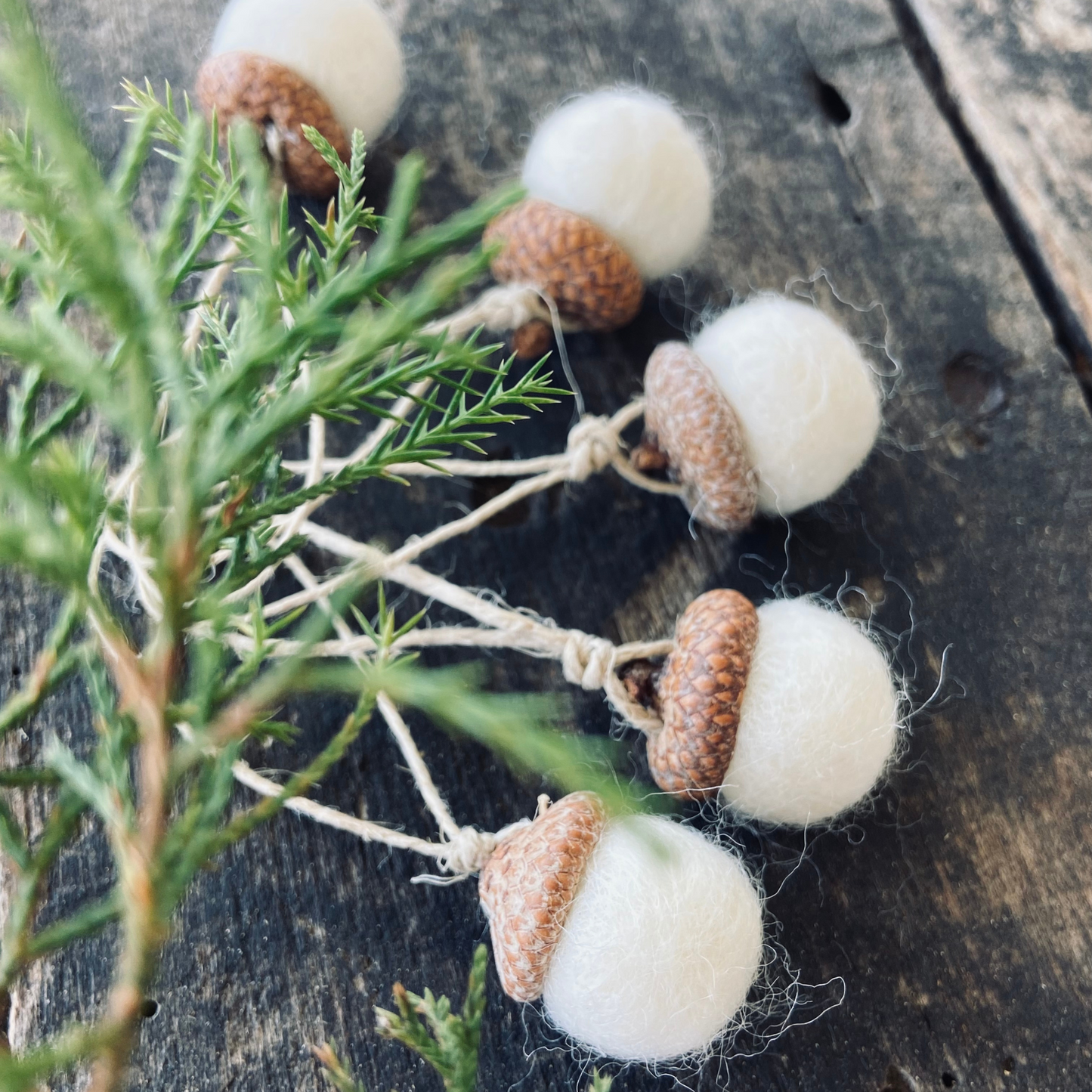 Felted Wool Acorn Ornaments with Red Oak Caps & Natural Hemp. Ivory or Tan
