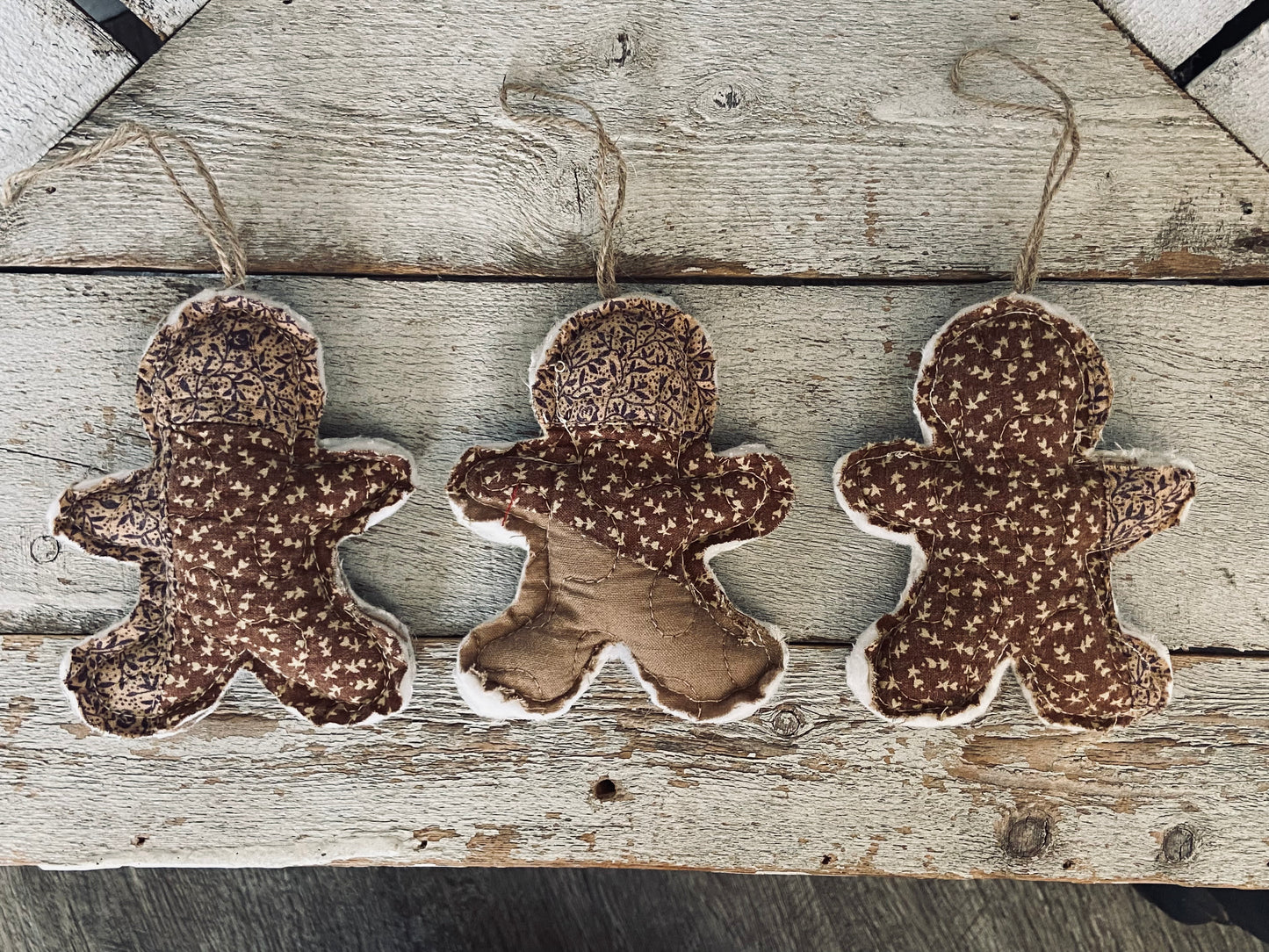 Quilted Gingerbread Men Ornaments from Vintage Quilt-set of 3