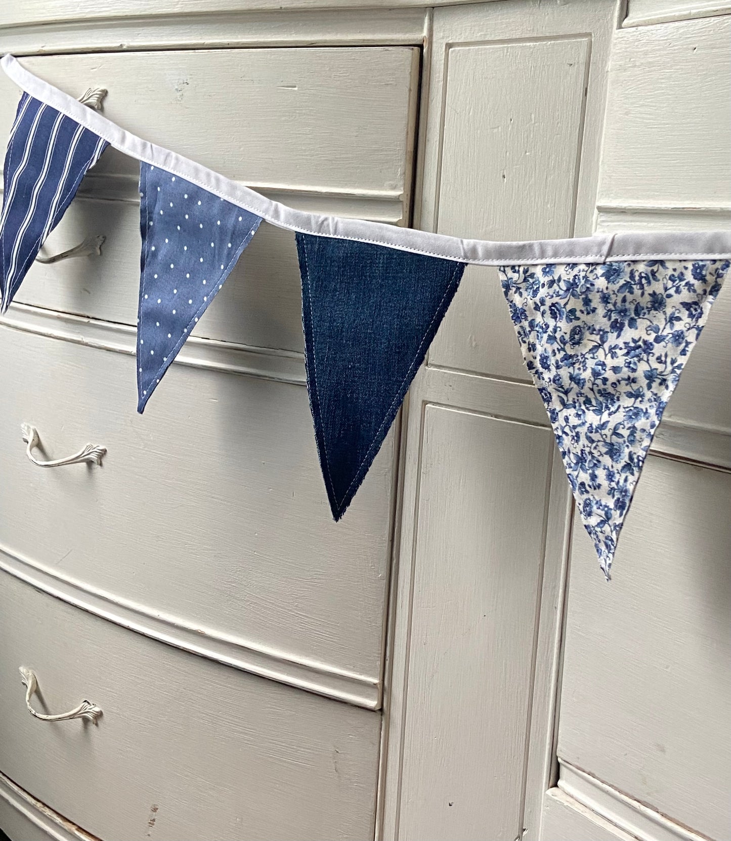 Blue and White Summer Cottage Fabric Pennant Banner