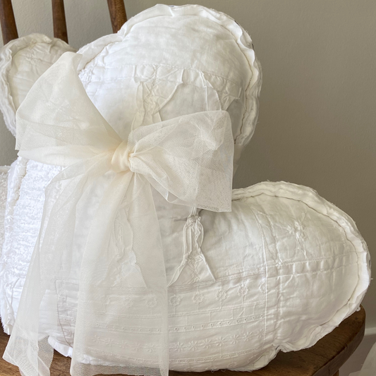 Large White Quilted Patchwork Heart Pillows w/ Sheer Bow