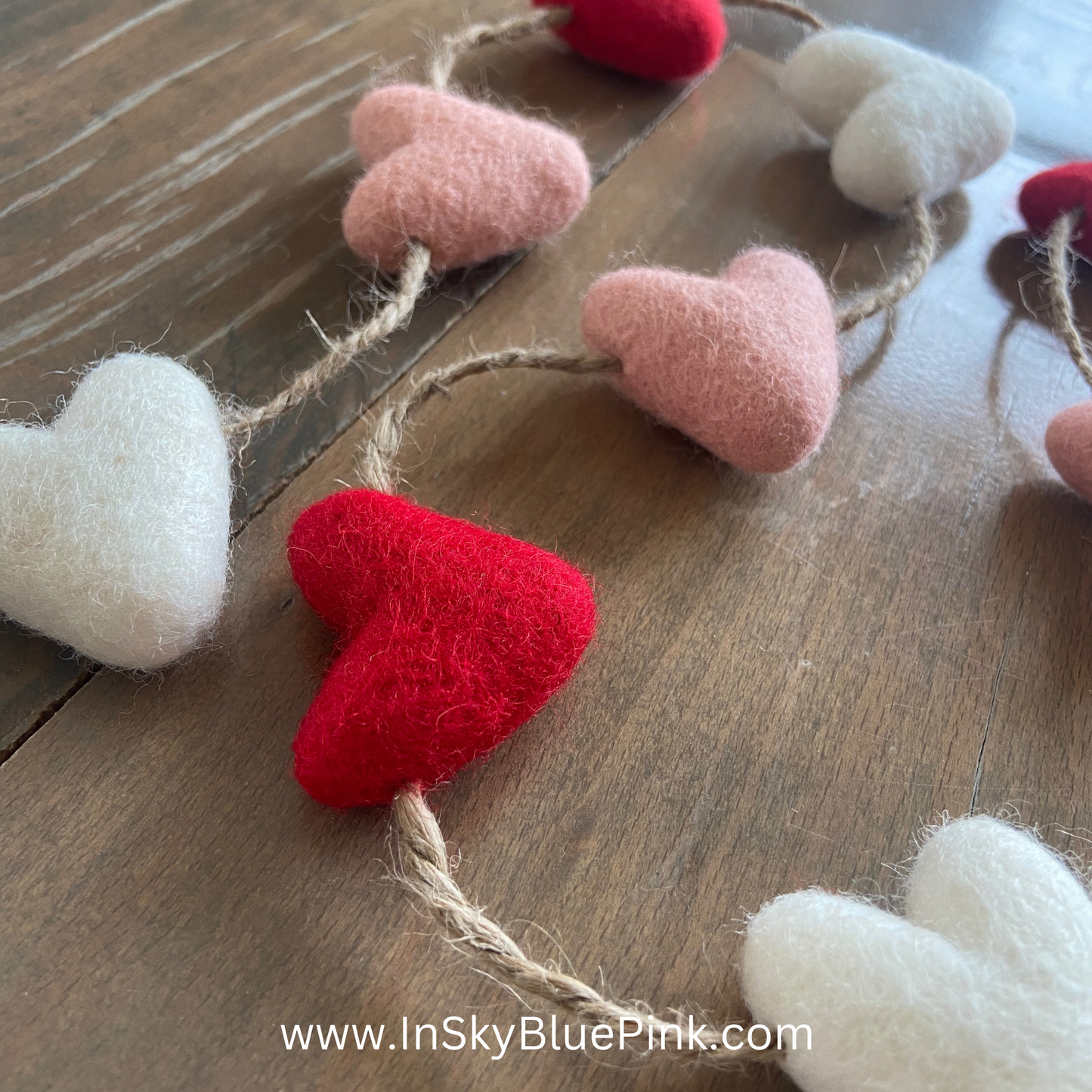 Felted Wool Hearts Garland-Red, Pink, White 4-foot Valentine Decor