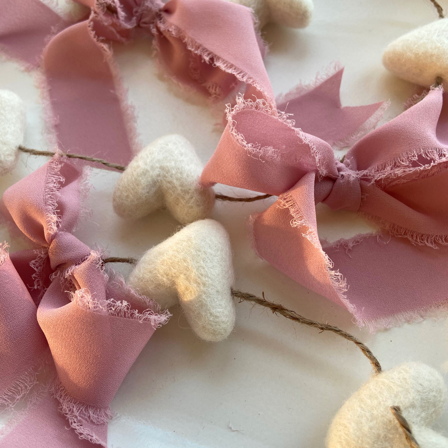 White Felt Heart Garland and Pink Frayed Sheer Bows-4ft