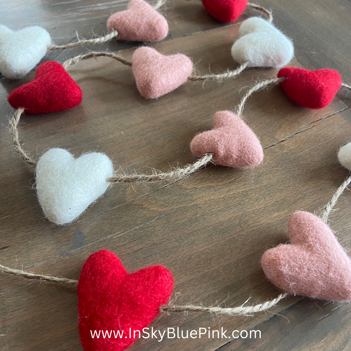 Felted Wool Hearts Garland-Red, Pink, White 4-foot Valentine Decor