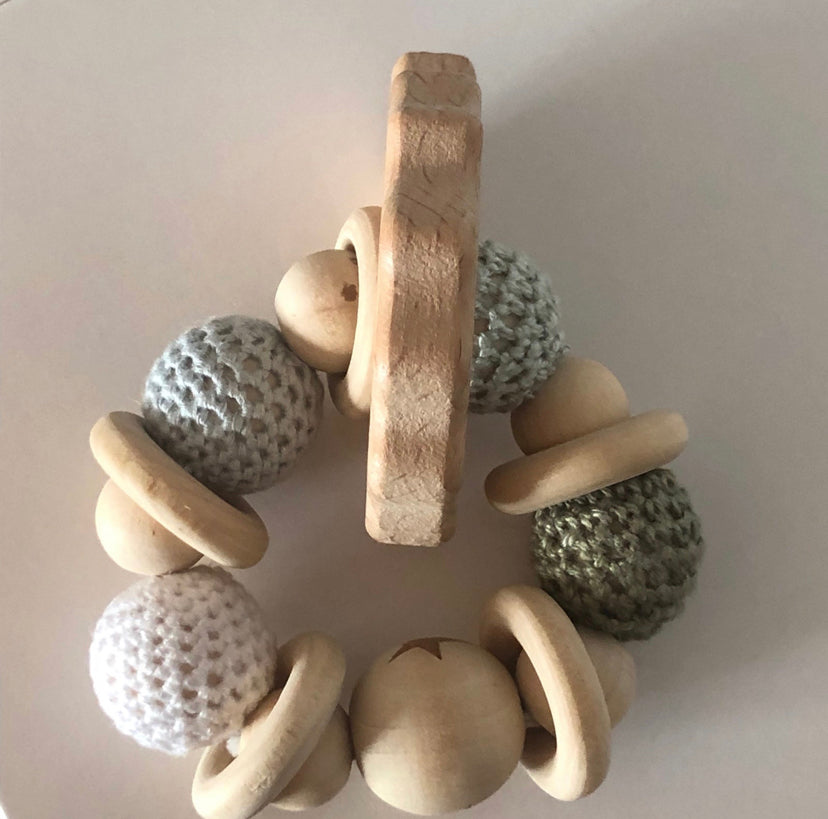 Hedgehog Wooden Baby Teether and Rattle w/wood & crocheted beads