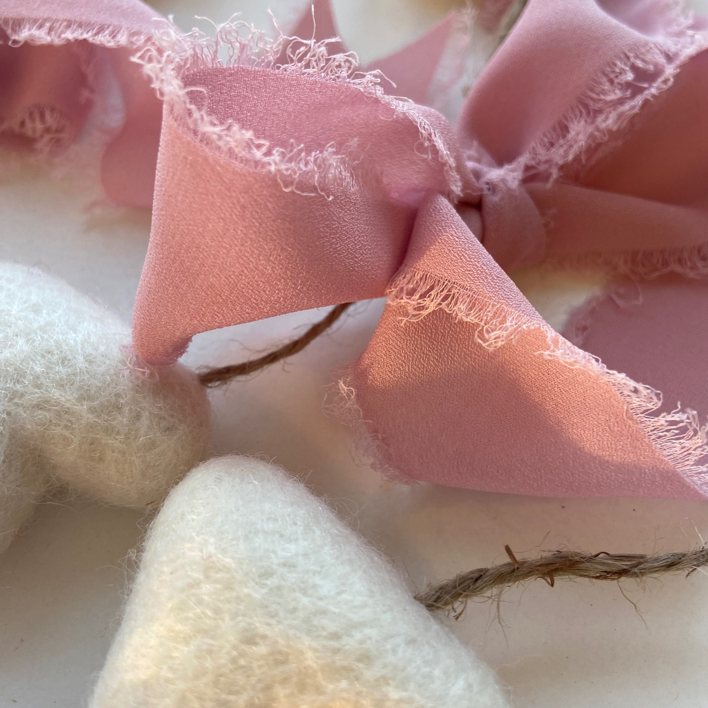 White Felt Heart Garland and Pink Frayed Sheer Bows-4ft