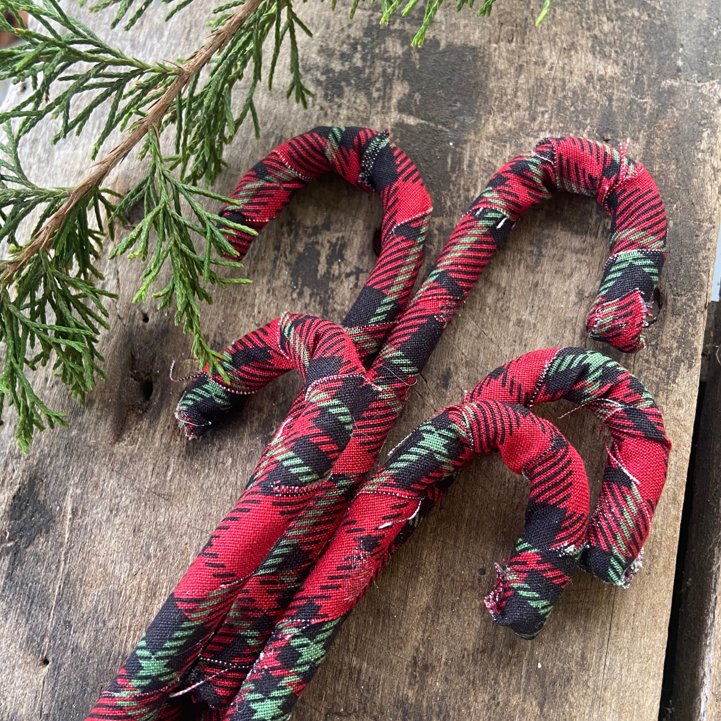 Plaid Fabric Wrapped Candy Canes for Primative Farmhouse Christmas-set of 5