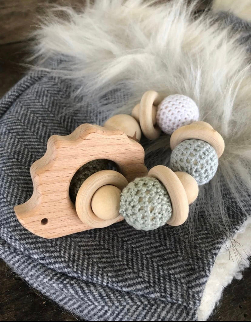 Hedgehog Wooden Baby Teether and Rattle w/wood & crocheted beads