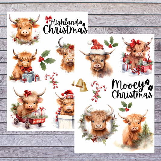 Highland Cows Christmas Waterproof Sticker Sheets-2 pack. Holiday in the Farm