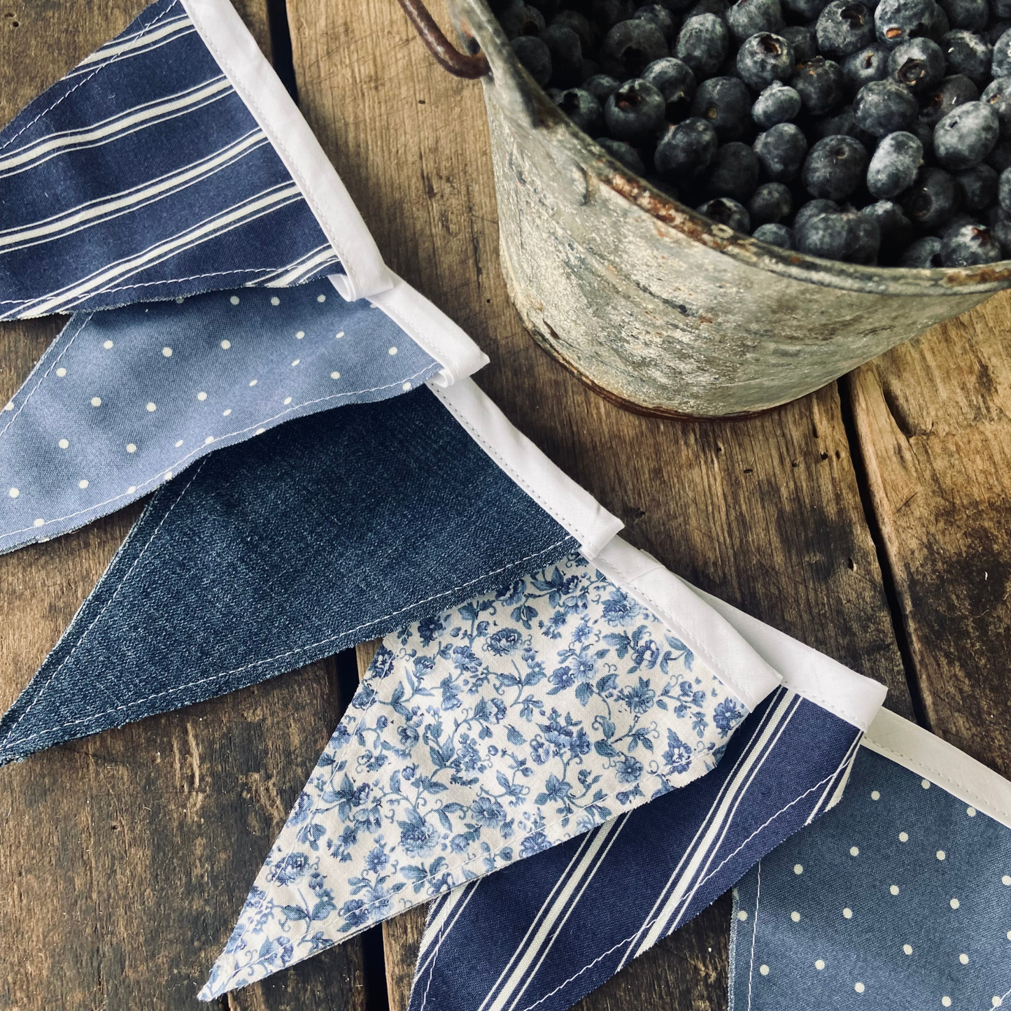 Blue and White Summer Cottage Fabric Pennant Banner