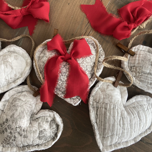 Gray & White Quilted Patchwork Heart Garland with Red Frayed Satin Bows-4 ft