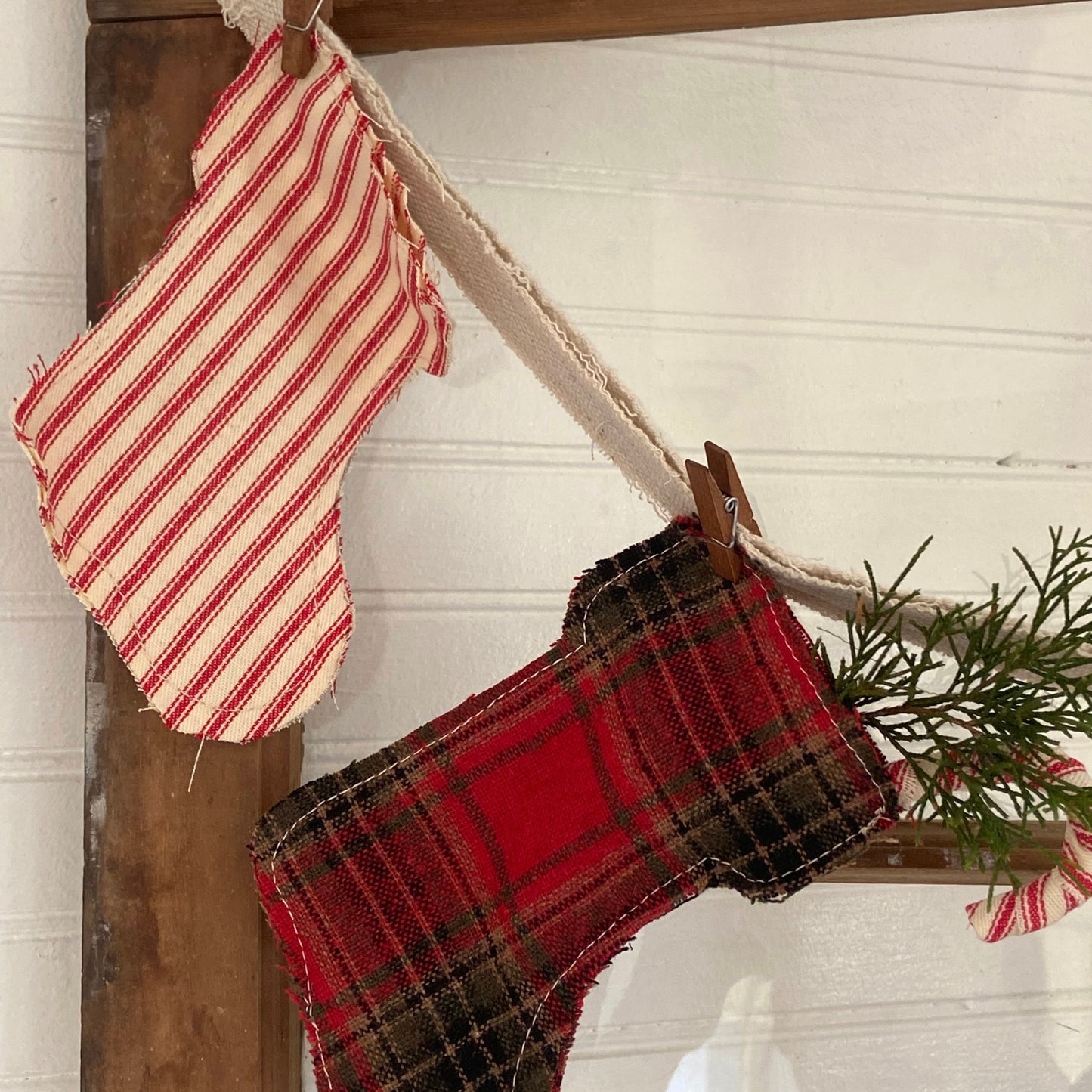 Mini Stocking Christmas Garland w/Vintage Fabric & Pins