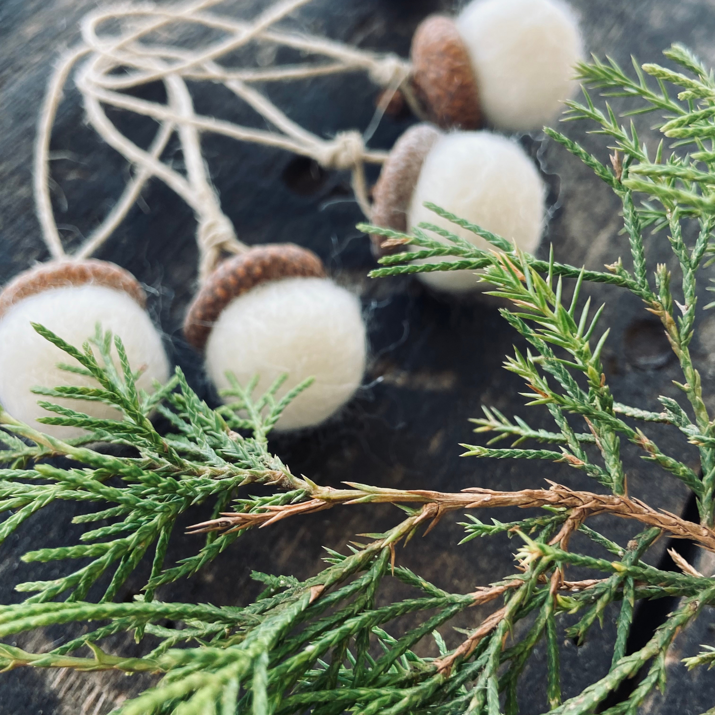 Felted Wool Acorn Ornaments with Red Oak Caps & Natural Hemp. Ivory or Tan