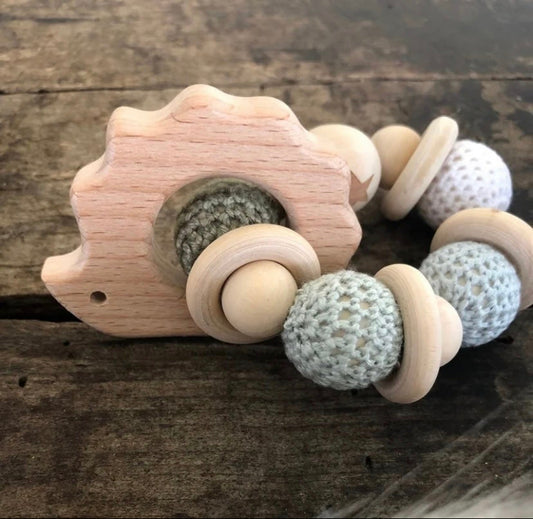 Hedgehog Wooden Baby Teether and Rattle w/wood & crocheted beads