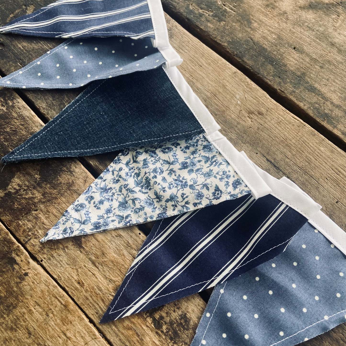 Blue and White Summer Cottage Fabric Pennant Banner