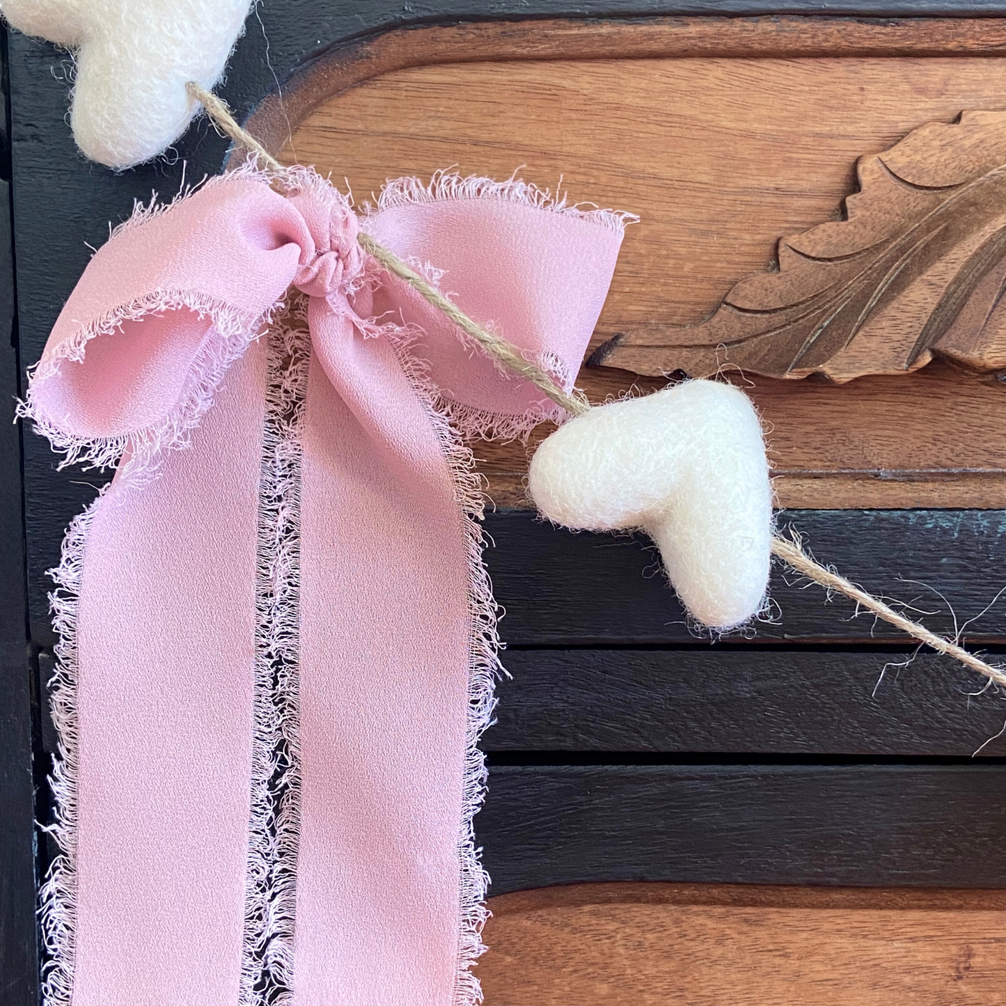 White Felt Heart Garland and Pink Frayed Sheer Bows-4ft