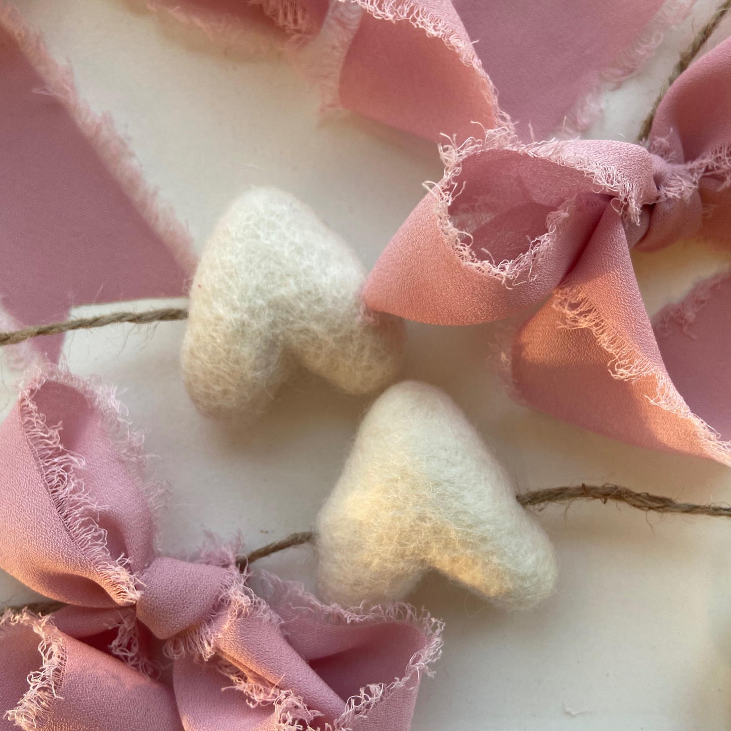 White Felt Heart Garland and Pink Frayed Sheer Bows-4ft