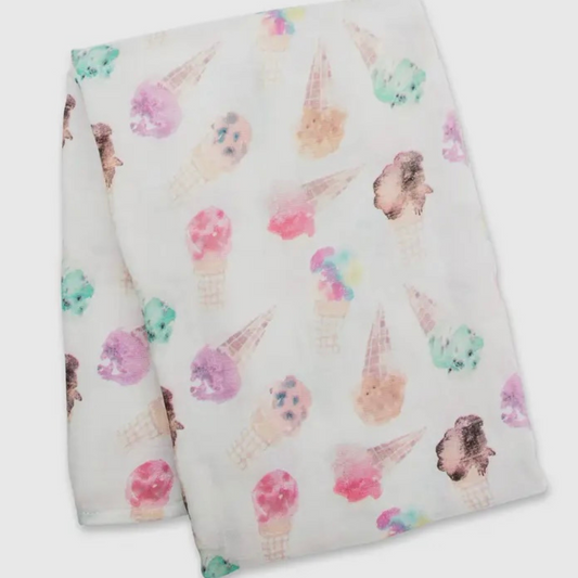 Deluxe Muslin Swaddle Blanket with Ice Cream Cones extra large 47” x 47”
