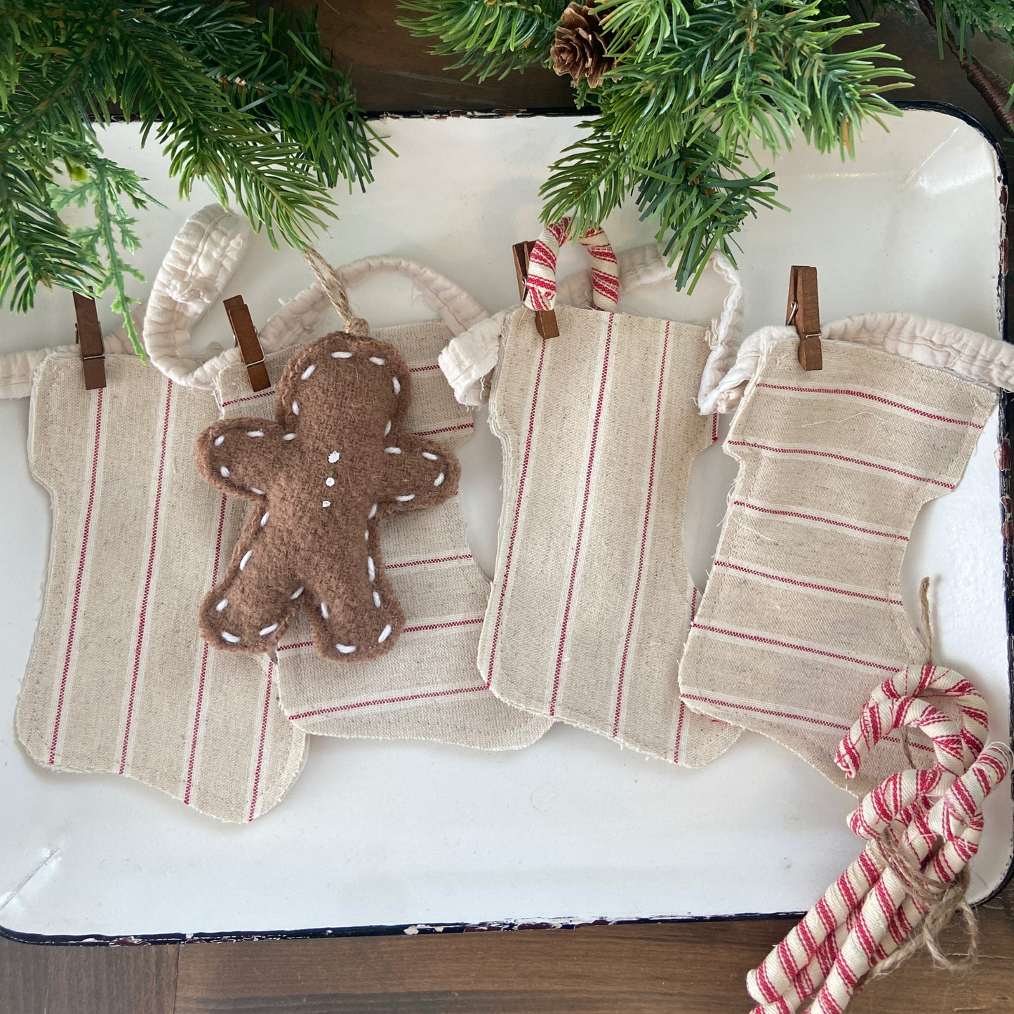 Red & Cream Ticking Mini Stocking Garland-4 foot