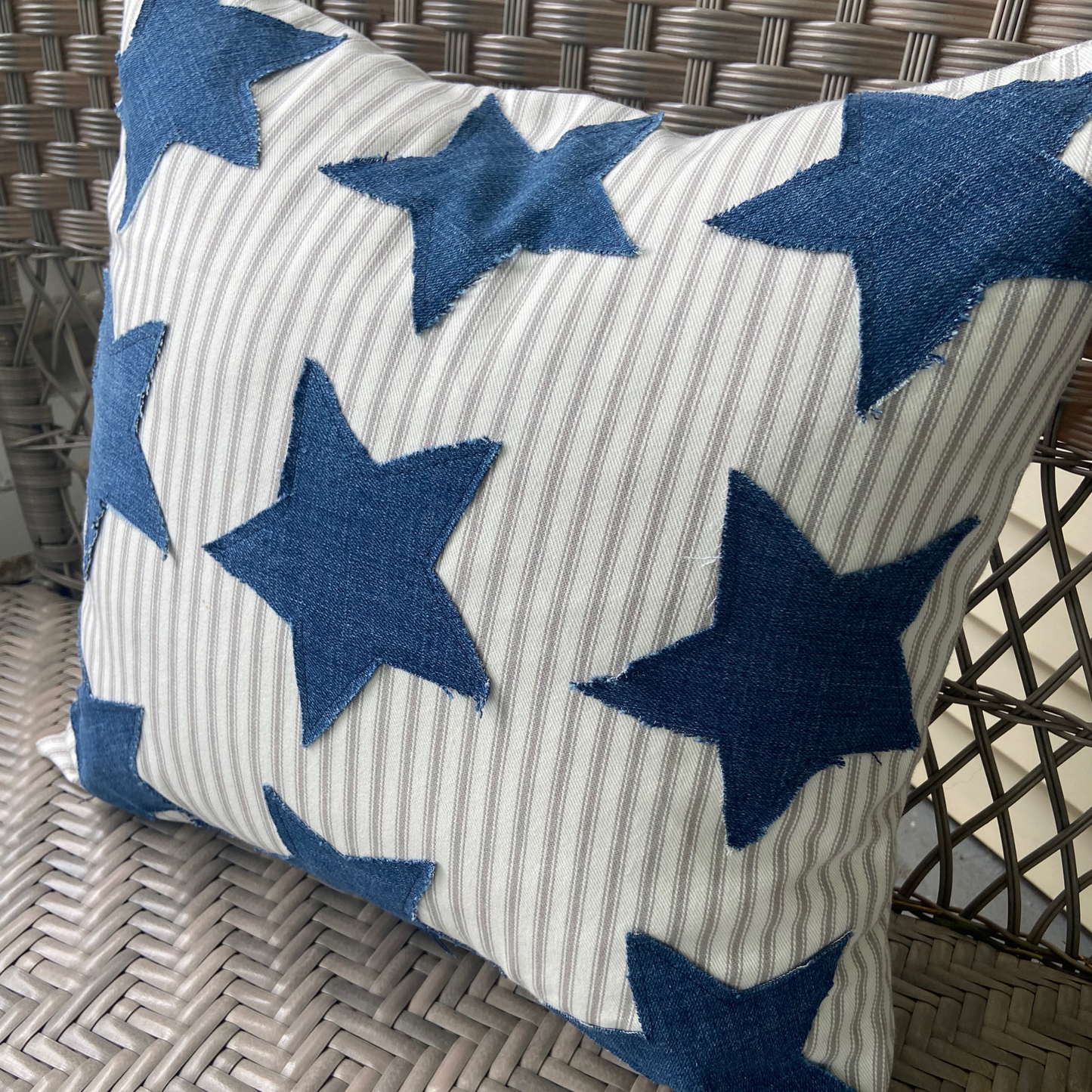 Patriotic Denim Stars 18” x 18” Throw Pillow for 4th of July Farmhouse Decor