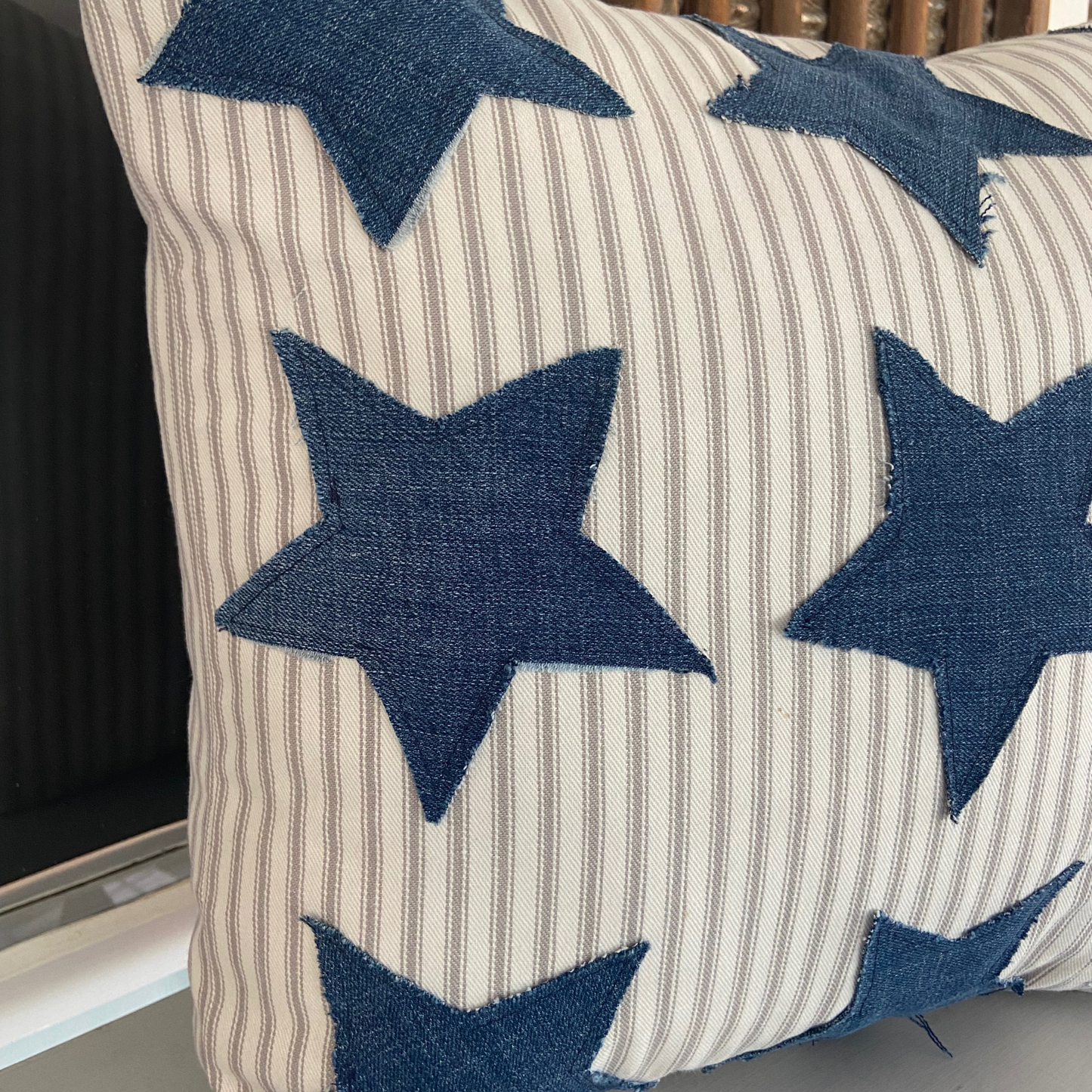 Patriotic Denim Stars 18” x 18” Throw Pillow for 4th of July Farmhouse Decor