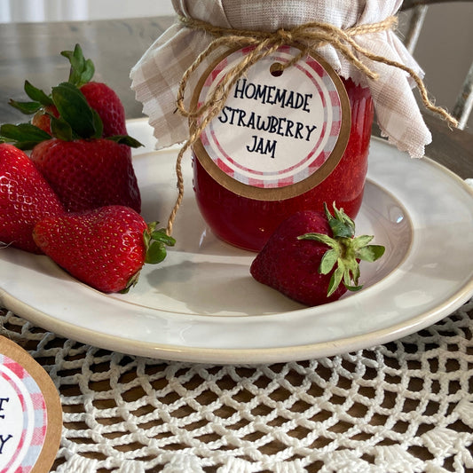 Strawberry Jam Tags 12 ct.-Gingham Red, Natural Card-stock & Jute Twine