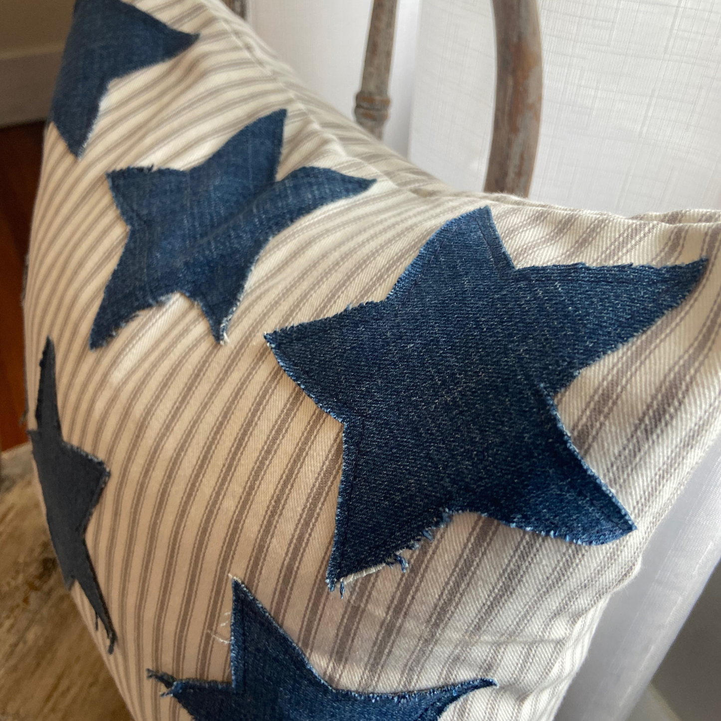 Patriotic Denim Stars 18” x 18” Throw Pillow for 4th of July Farmhouse Decor