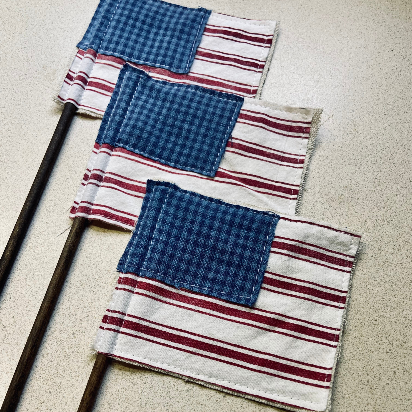 Vintage Fabric Flag on Rustic Stained Stick for 4th of July or Patriotic Decor