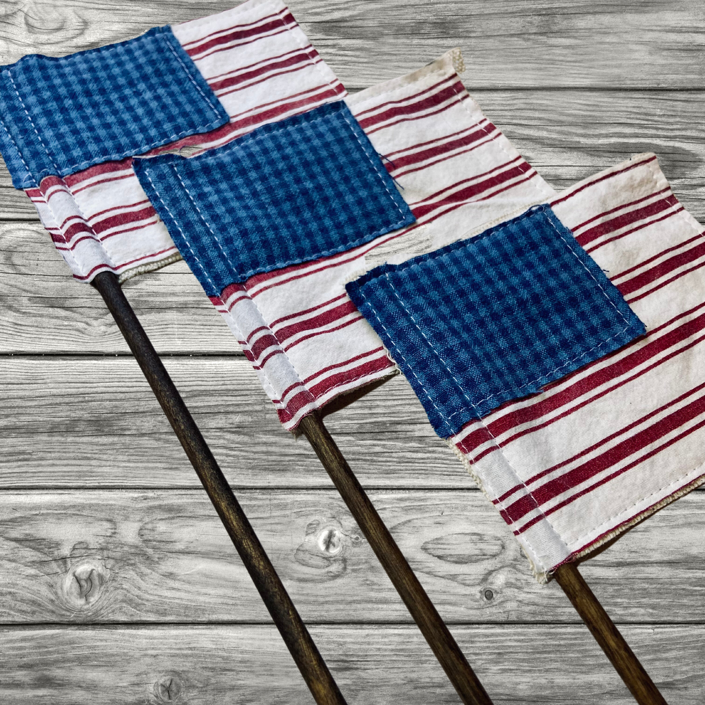 Vintage Fabric Flag on Rustic Stained Stick for 4th of July or Patriotic Decor