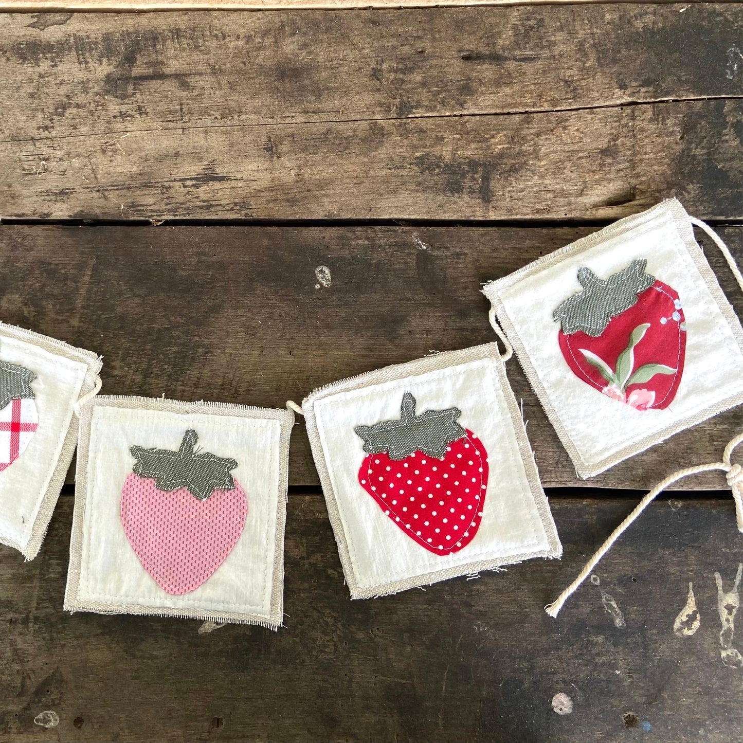 Canvas Strawberry Farmers Market Bunting Banner with Vintage Fabrics & Calico Prints
