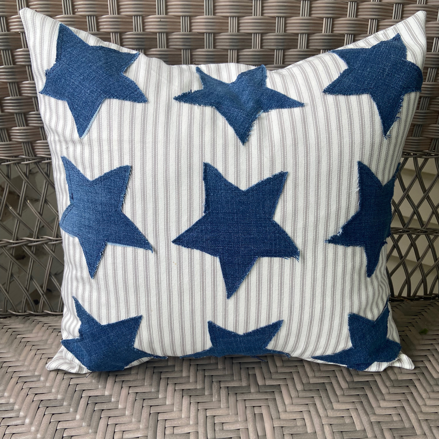 Patriotic Denim Stars 18” x 18” Throw Pillow for 4th of July Farmhouse Decor