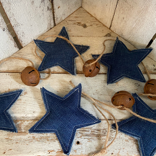 Denim Star Garland and Rustic Americana Bells for 4th of July Decor