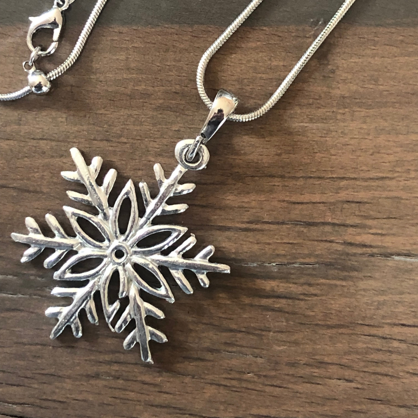 Small Pewter Snowflake Pendant with 26" Adjustable Rhodium Chain