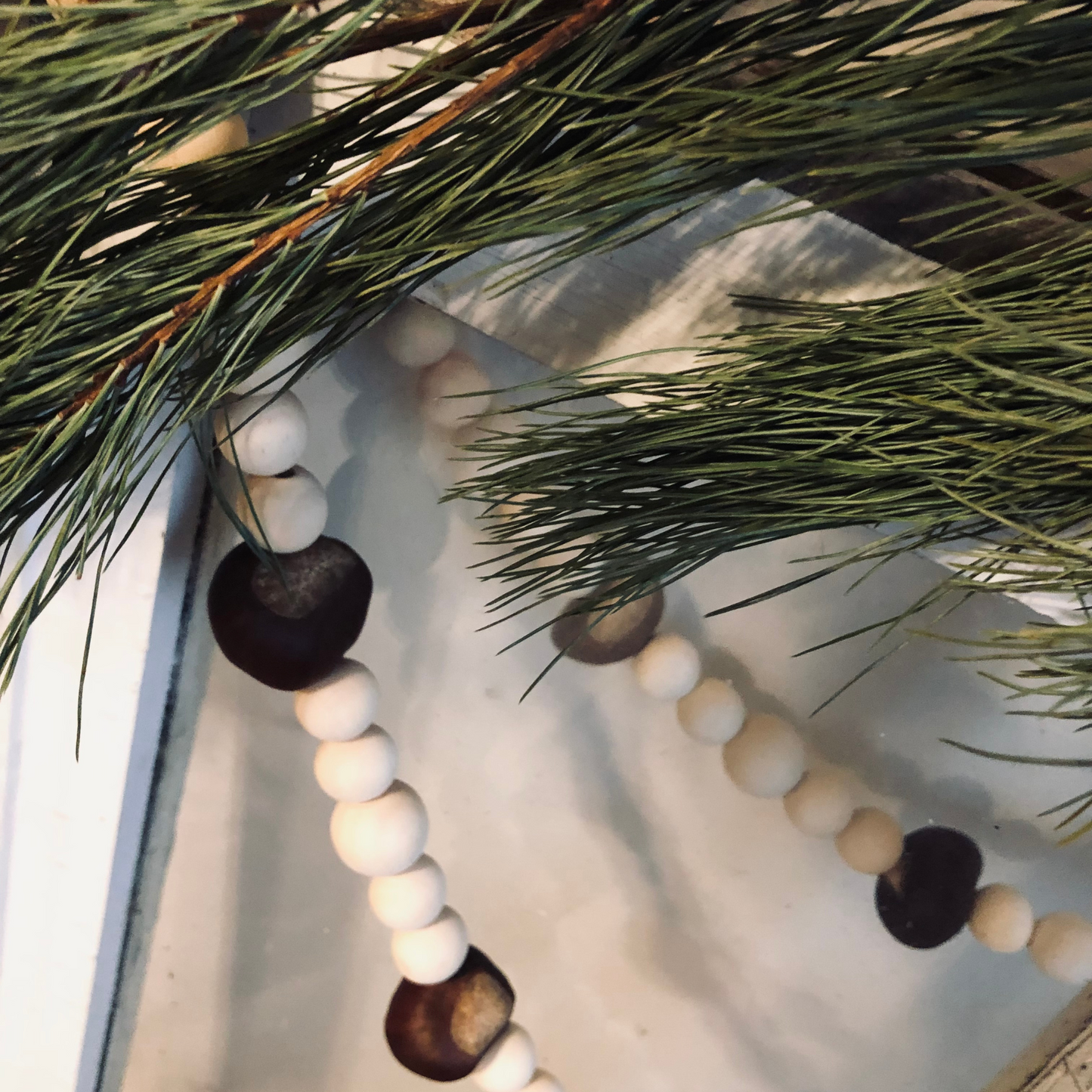 Rustic Dried Chestnut and Wood Bead Handmade Holiday Garland - Unique Farmhouse Christmas Decoration 5-ft, 7-ft, 9-ft