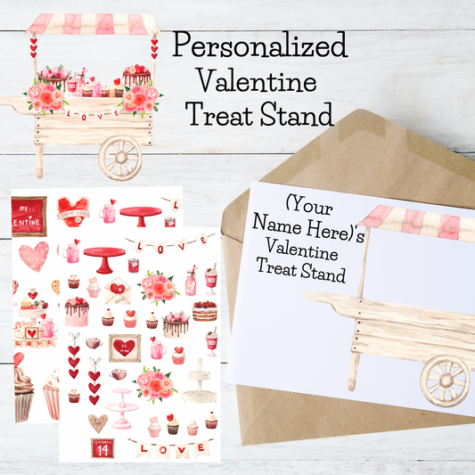 Personalized Valentine's Card Kits with Stickers-Treat Cart, Rustic Stand, Lovely Cottage or Sweet Townhouse