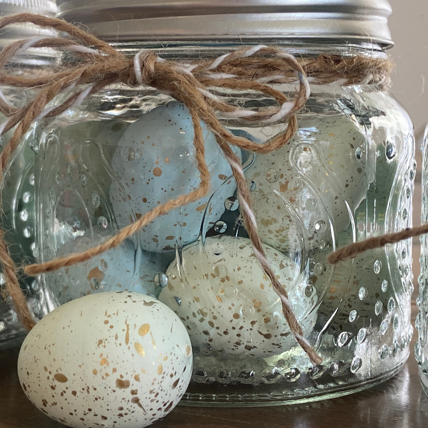 Speckled Blue & Green Bird Eggs Vintage Inspired Glass Container for Summer Decor
