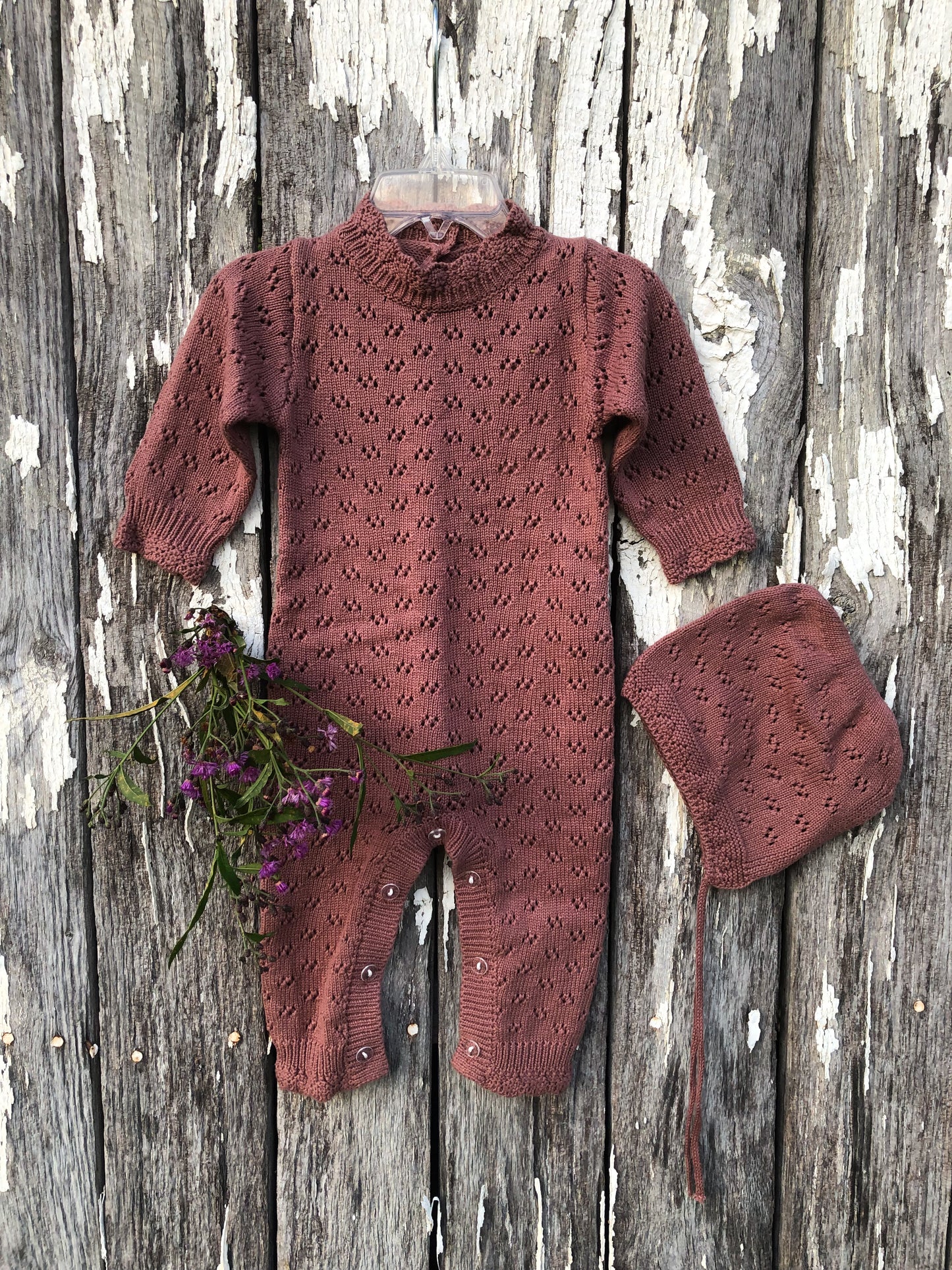 Plum Knitted Romper with Matching Bonnet