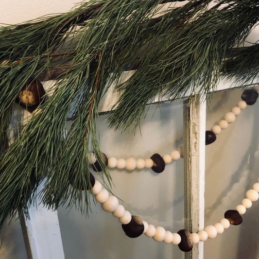 Rustic Dried Chestnut and Wood Bead Handmade Holiday Garland - Unique Farmhouse Christmas Decoration 5-ft, 7-ft, 9-ft