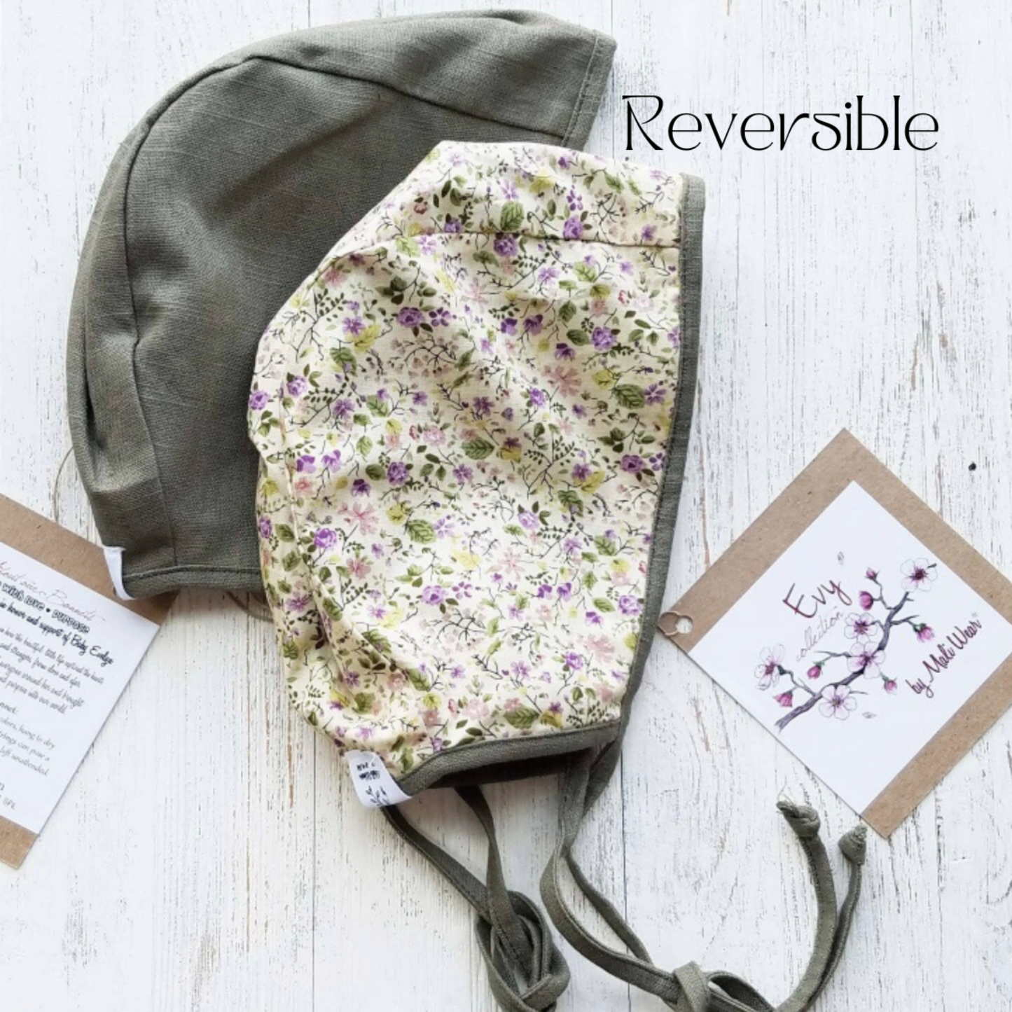 Baby Bonnet Hat Reversible Olive Green & Floral Print
