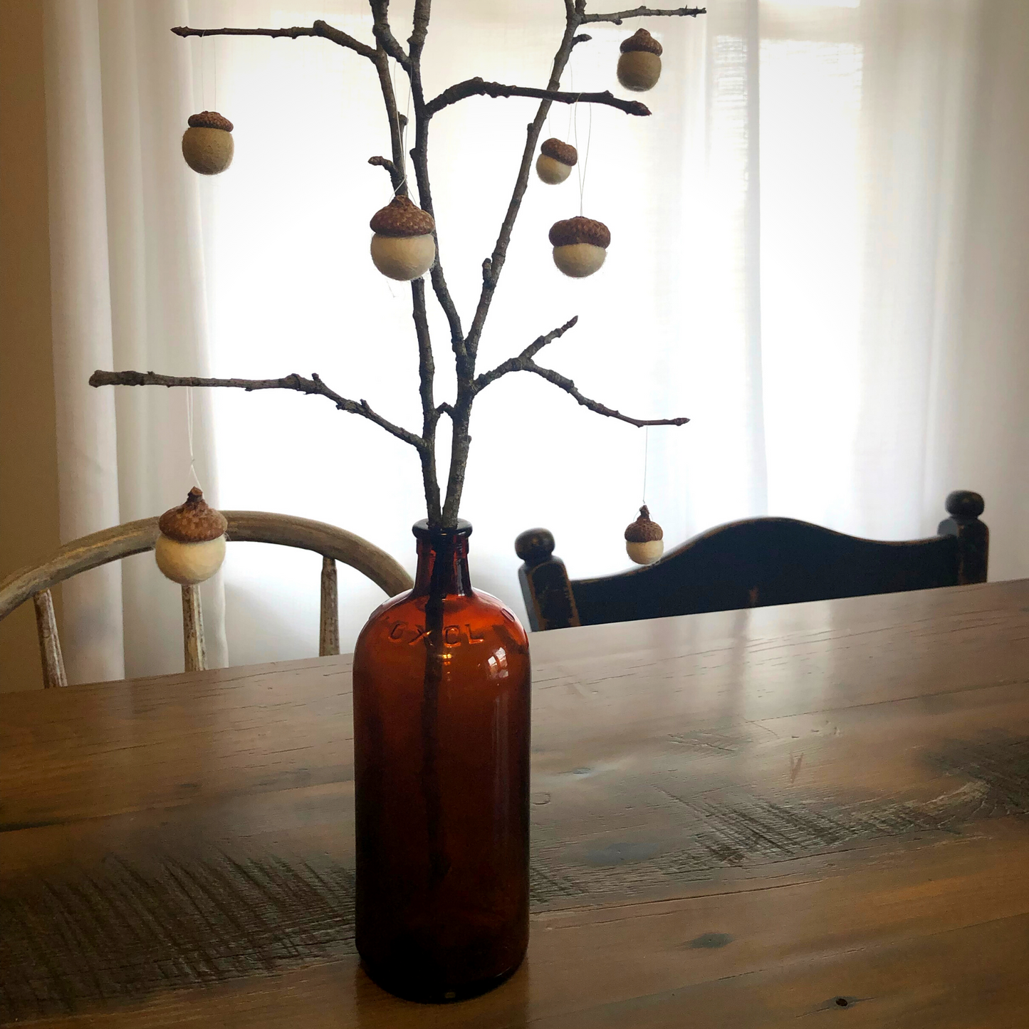 Felted Wool Acorns Tree, Fall Decor DIY Kit, Red Oak Caps, Felted Wool Balls w/ Amber Bottle