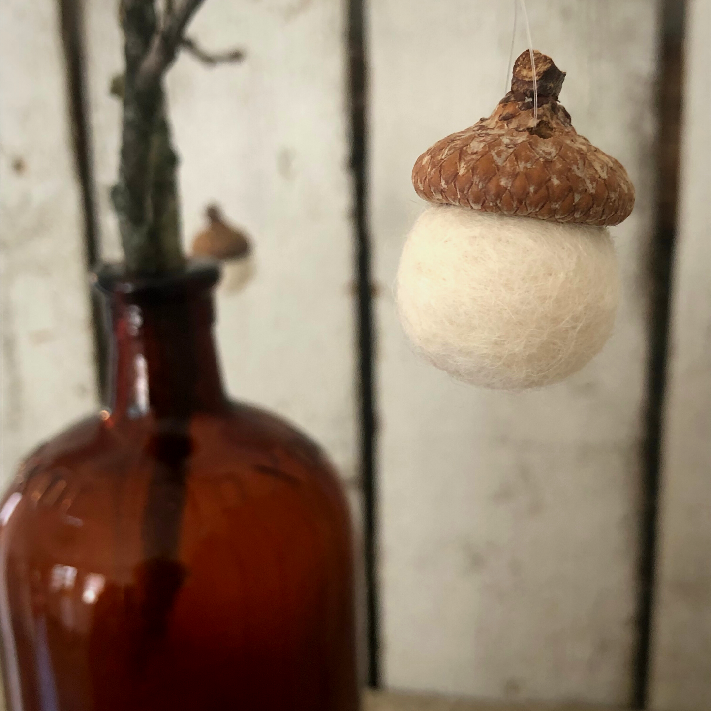 Felted Wool Acorns Tree, Fall Decor DIY Kit, Red Oak Caps, Felted Wool Balls w/ Amber Bottle