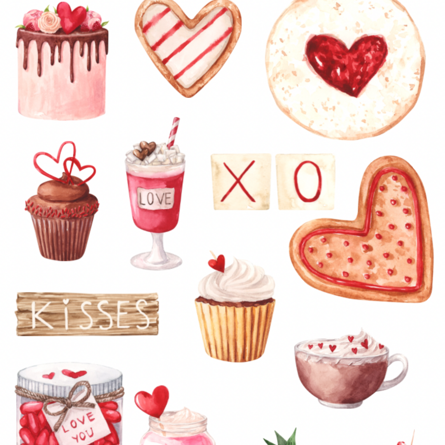 Valentine Hearts & Desserts Watercolor Stickers. Waterproof, 50-count